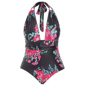 B2PRITY Women Large Black Rose Floral Halter Slimming Swim one piece Swimsuit